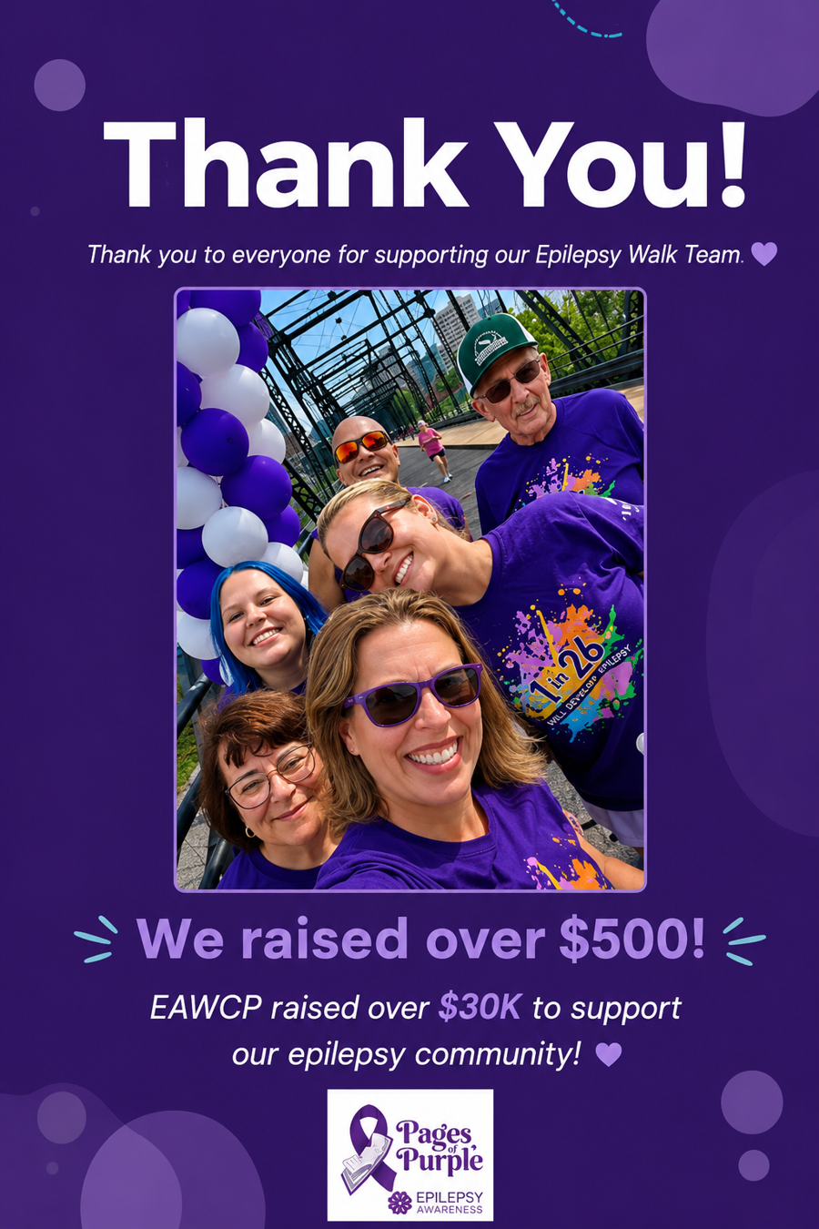 Pages of Purple thank-you graphic showing the Epilepsy Walk team in purple shirts, noting the team raised over $500 and EAWCP raised over $30,000.